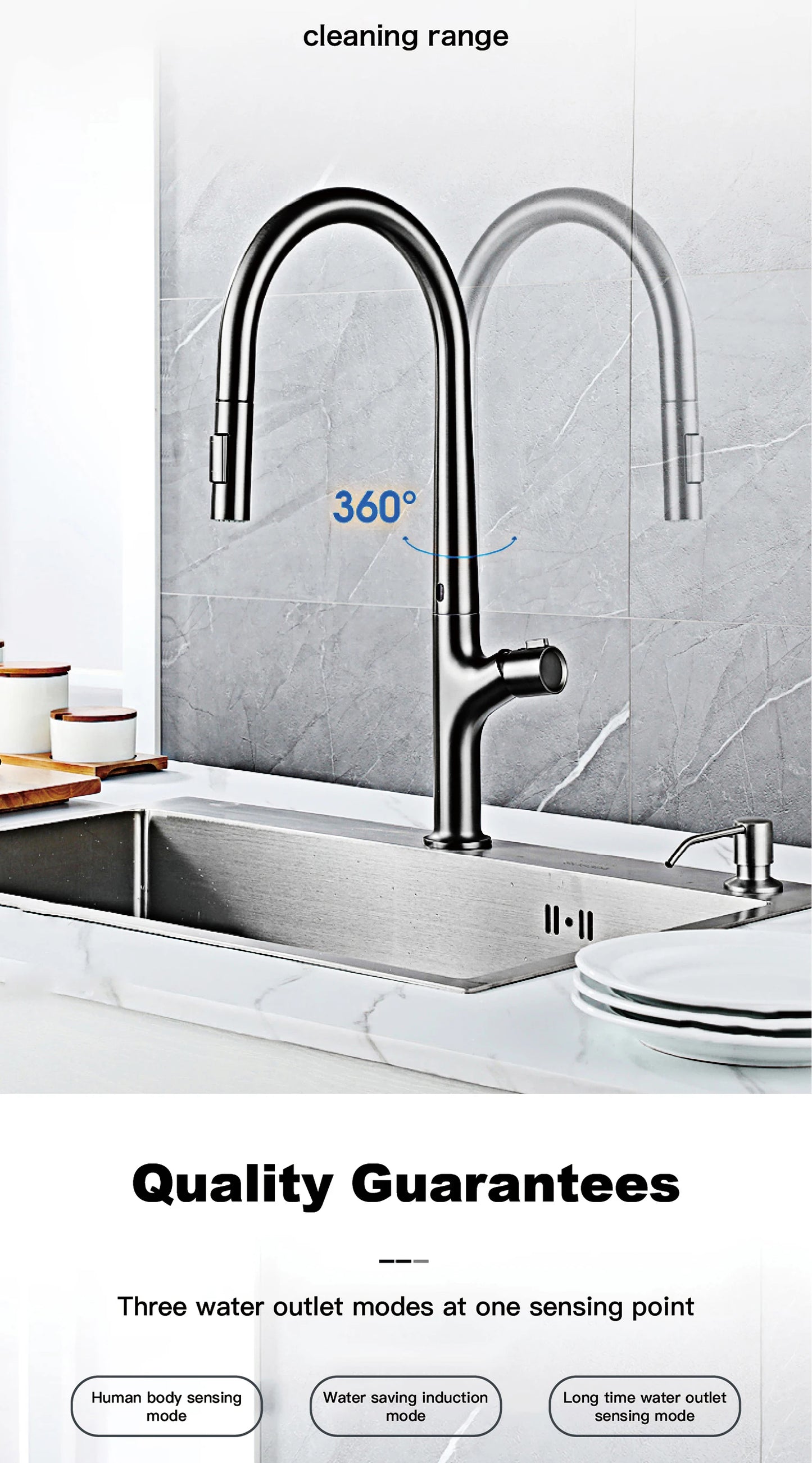 Modern style gun gray pull-out kitchen faucet with 1 handle for hot&cold water intelligent sensing and 2 functions for sink Tap