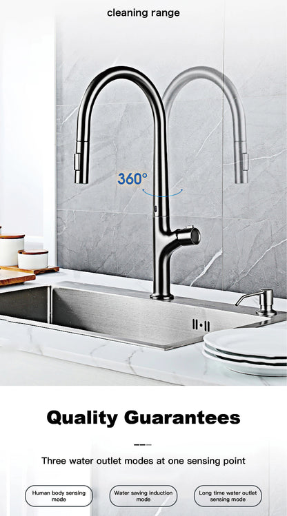 Modern style gun gray pull-out kitchen faucet with 1 handle for hot&cold water intelligent sensing and 2 functions for sink Tap