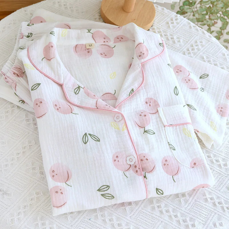 2025 Damen-Pyjama-Set für Frühling/Sommer, bedruckt, 100 % reine Baumwolle, dünn, langärmelig, zweiteiliges Set, frische und süße Strickjacke, Home Fury.