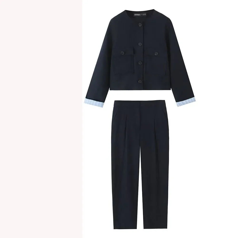 Work Office Lady Pants Set Women Long Sleeve Button Pocket Jacket Women's Trousers With Pocket Two Piece Set Female Set