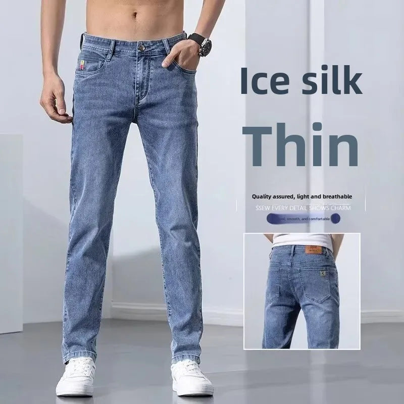 Hong Kong Summer Thin Men's Blue Jeans Slims Smooths Your Silhouette Feet Stretchy Korean Style Light Color Versatile Pants.