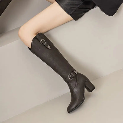 Girseaby British Style Women Knee High Boots Round Toe Block Heel 7.5cm Zipper Plus Size 51 52 Fashion Riding Bota