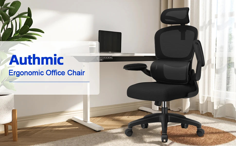 AUTHMIC Ergonomischer Bürostuhl -135 °   Liege- und höhenverstellbarer Sitz, klappbare Armlehnen, verstellbare Kopfstütze, Heimbürostuhl