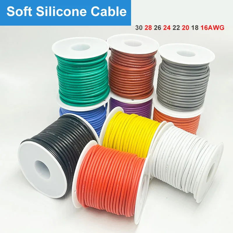 Soft Silicone Connection Cable 16AWG 18AWG 20 22 24 26 28AWG 30AWG 0.08mm Tinned Copper Wire For DIY, Automotive, Power Wiring.