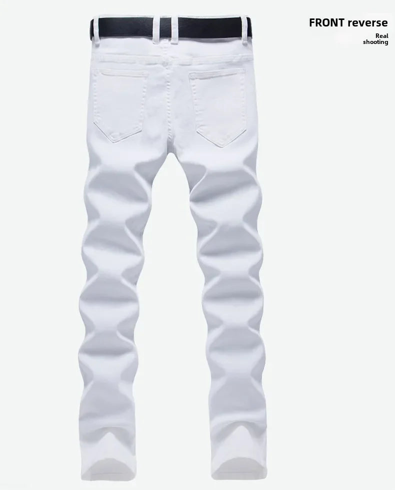 Pure White Jeans Men's Elastic Korean Style Slim Fit Youth Slimming Straight Leg Business Casual Middle Age High End Pants.