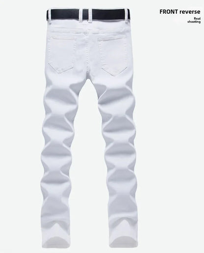 Pure White Jeans Men's Elastic Korean Style Slim Fit Youth Slimming Straight Leg Business Casual Middle Age High End Pants.