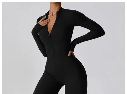 Fall New Style Long Sleeve Zipper Tight Butt Enhancing One Piece Fitness Pants Women Running Sports Training Yoga Black