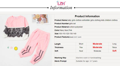 LZH Spring Autumn Girls Sports Suits Children Clothing Toddler Clothes Lace Warm Hooded Costume Outfit Kids Tracksuit Sets 3-8Y.
