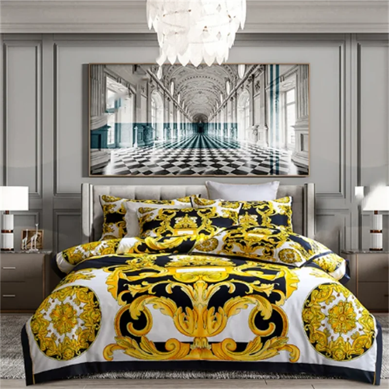 Luxury Baroque Style Bedding Set Digital Printing Queen King Size Duvet Cover Set Linen Pillowcases Home Textile.
