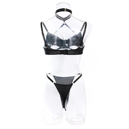 Cut Out Bra and Brief Velvet Erotic Set Women 2-Piece Halter Underwear Patchwork Thong Intimates Sexy Lingerie Pornos Suit Latex