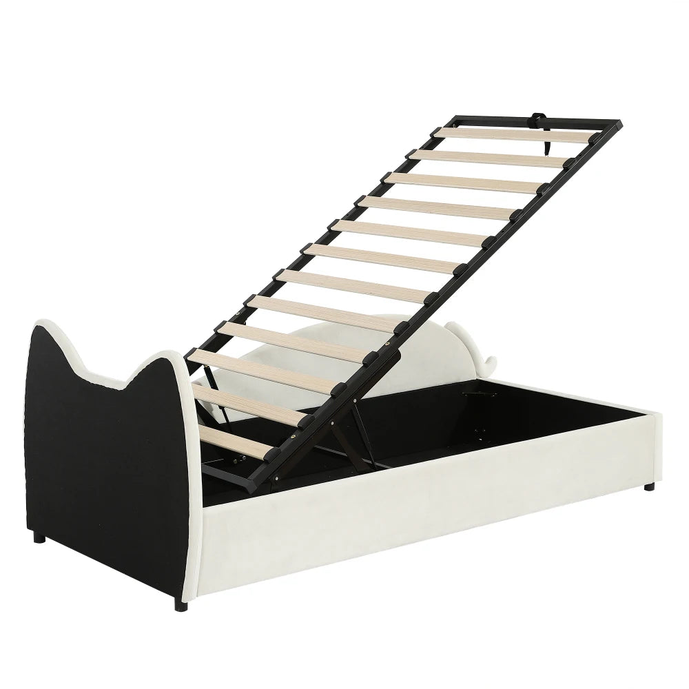 Polsterbett, Einzelbett, süßes Katzendesign, hydraulisches Bett mit Stauraum und Gürtelgriffen, stabiler Gitterrost, 90 x 200 cm