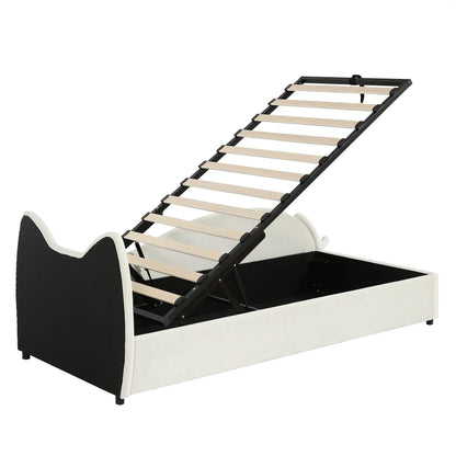 Polsterbett, Einzelbett, süßes Katzendesign, hydraulisches Bett mit Stauraum und Gürtelgriffen, stabiler Gitterrost, 90 x 200 cm