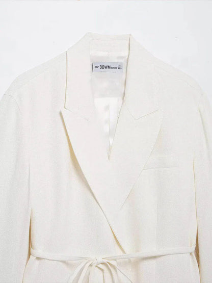 HH Women's Suits White Turn-Down Collar Long Sleeves Lace-Up Blazers+High Waist Zipper Long Pants Female Spring Fashion Sets.