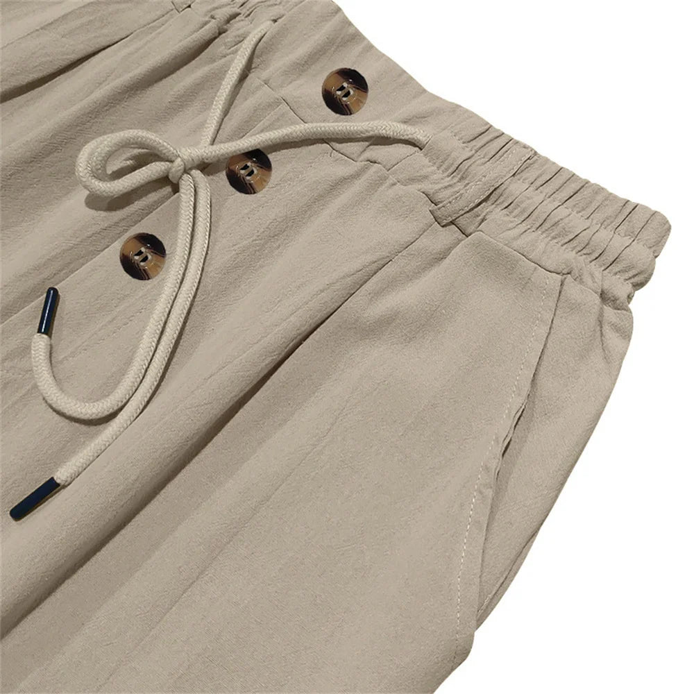 Autumn New Men's Cotton Pants Solid Color Button Drawstring Design Casual Loose Fit Cozy Trousers Simple Style Long Pants.