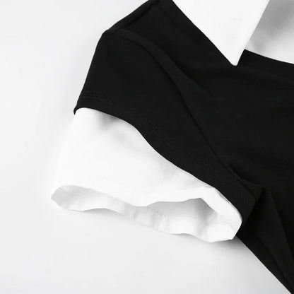 Fashionable and minimalist college style contrasting color lapel fake two piece T-shirt versatile short sleeved top