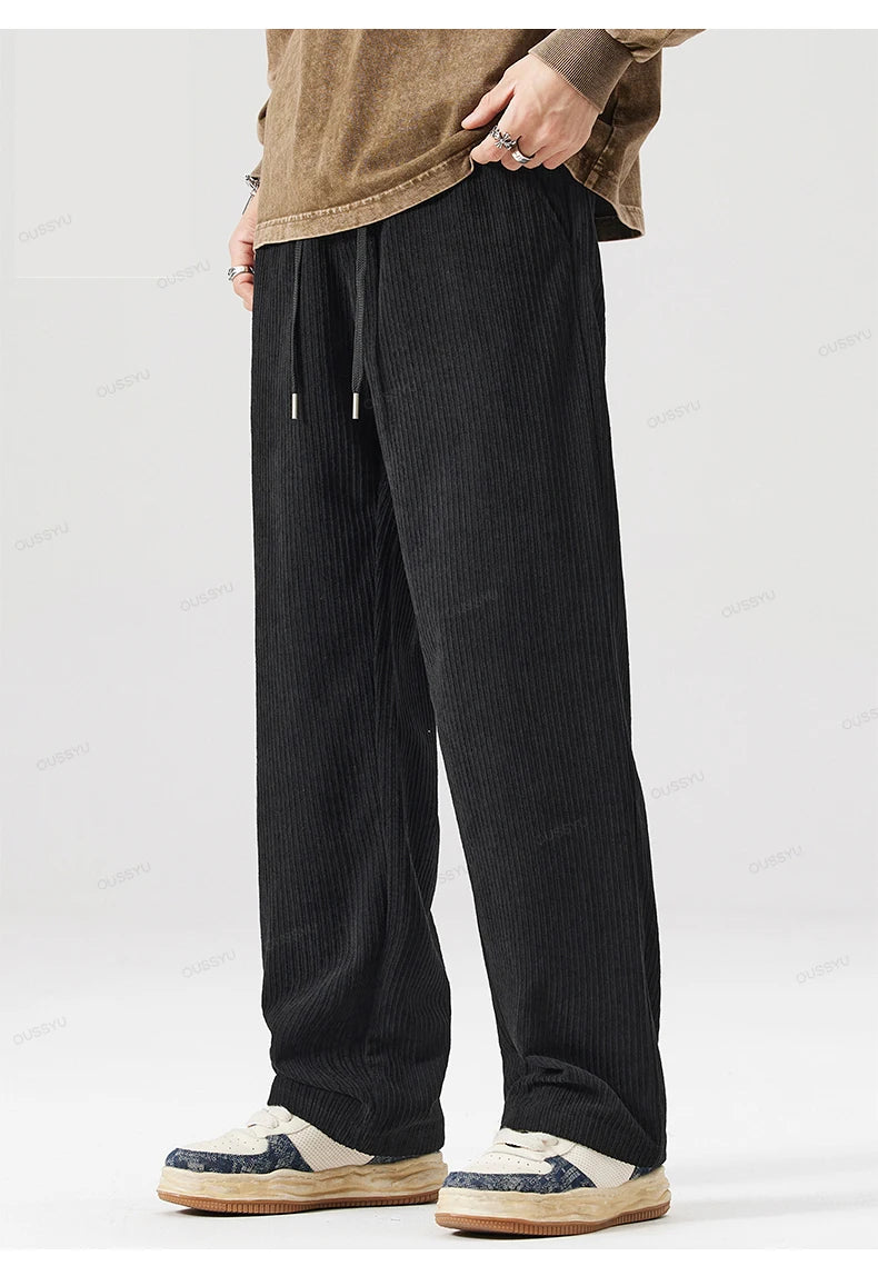 OUSSYU Brand Autumn Winter Men's Stripe Corduroy Pants Elastic Waist Drawstring Straight Thick Outdoors Loose Casual Trousers.