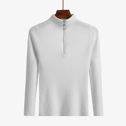 Frauen Fashion Solid Strick Pullover Vintage Langarm Zip-up Grundlegende Hälfte Rollkragenpullover Weibliche Pullover Chic Casual Tops