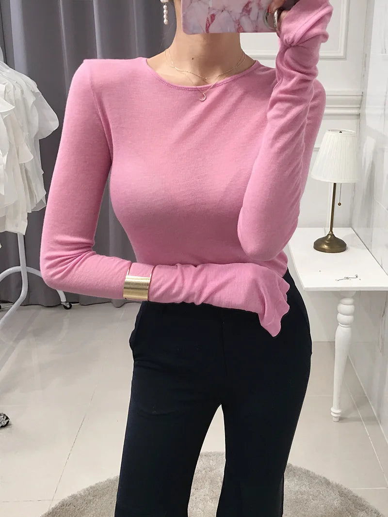 Sexy Shirt Women T-Shirt Long Sleeve Korean Style Slim Basic Elasticity Tshirt Top Womens Clothing T Shirt Femme.