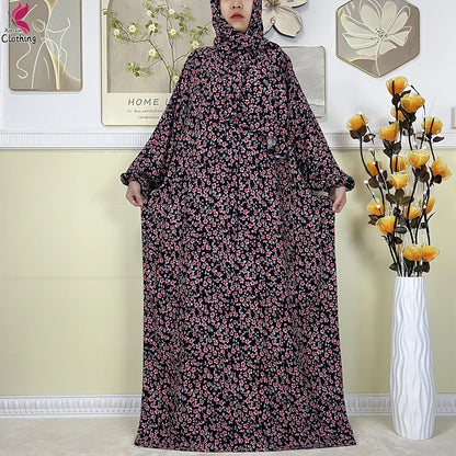 2025 New Muslim Abayas For Women Ramadan Prayer Garment Dubai Middle East Femme Robe Cotton Loose African Dress Turban Attached