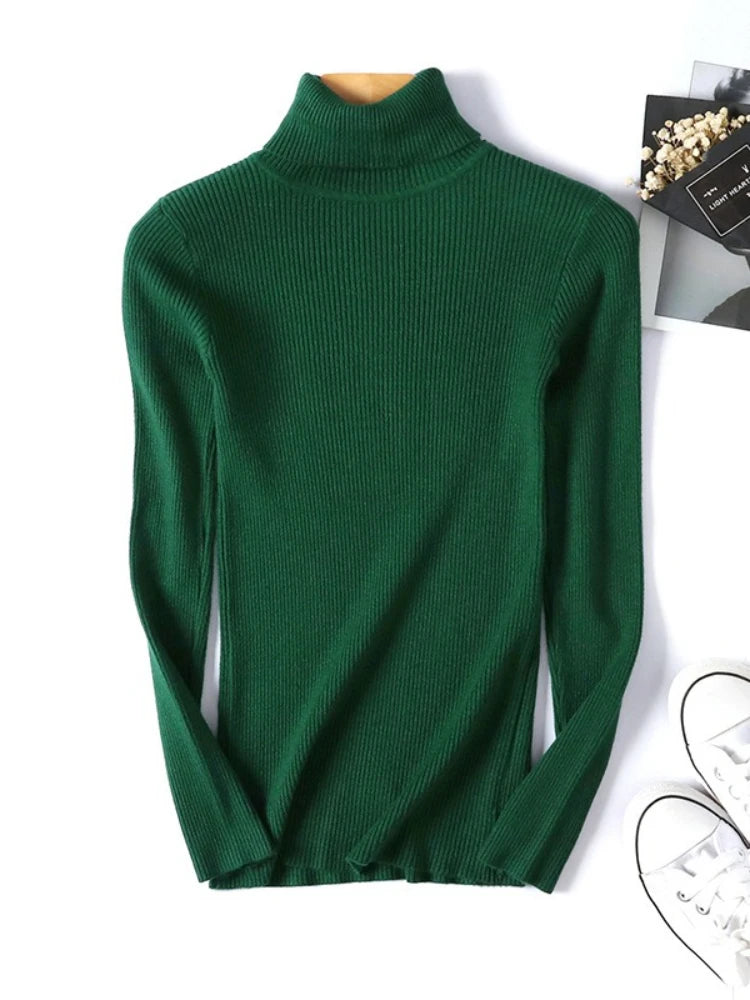 Neue Herbst Winter Frauen Gestrickte Rollkragenpullover Casual Weiche Polo-neck Jumper Mode Schlanke Elastizität Solide Rippen Pullover.