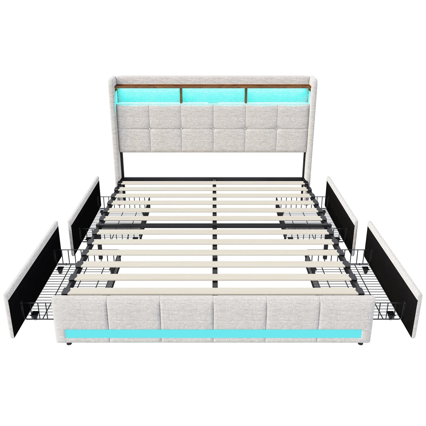 Lazyspace Bettgestell aus Leinen mit Stauraum, gepolstertes Bett mit 4 Schubladen, LED-Licht und USB-Aufladung vom Typ C, Schlafzimmermöbel