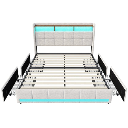 Lazyspace Bettgestell aus Leinen mit Stauraum, gepolstertes Bett mit 4 Schubladen, LED-Licht und USB-Aufladung vom Typ C, Schlafzimmermöbel