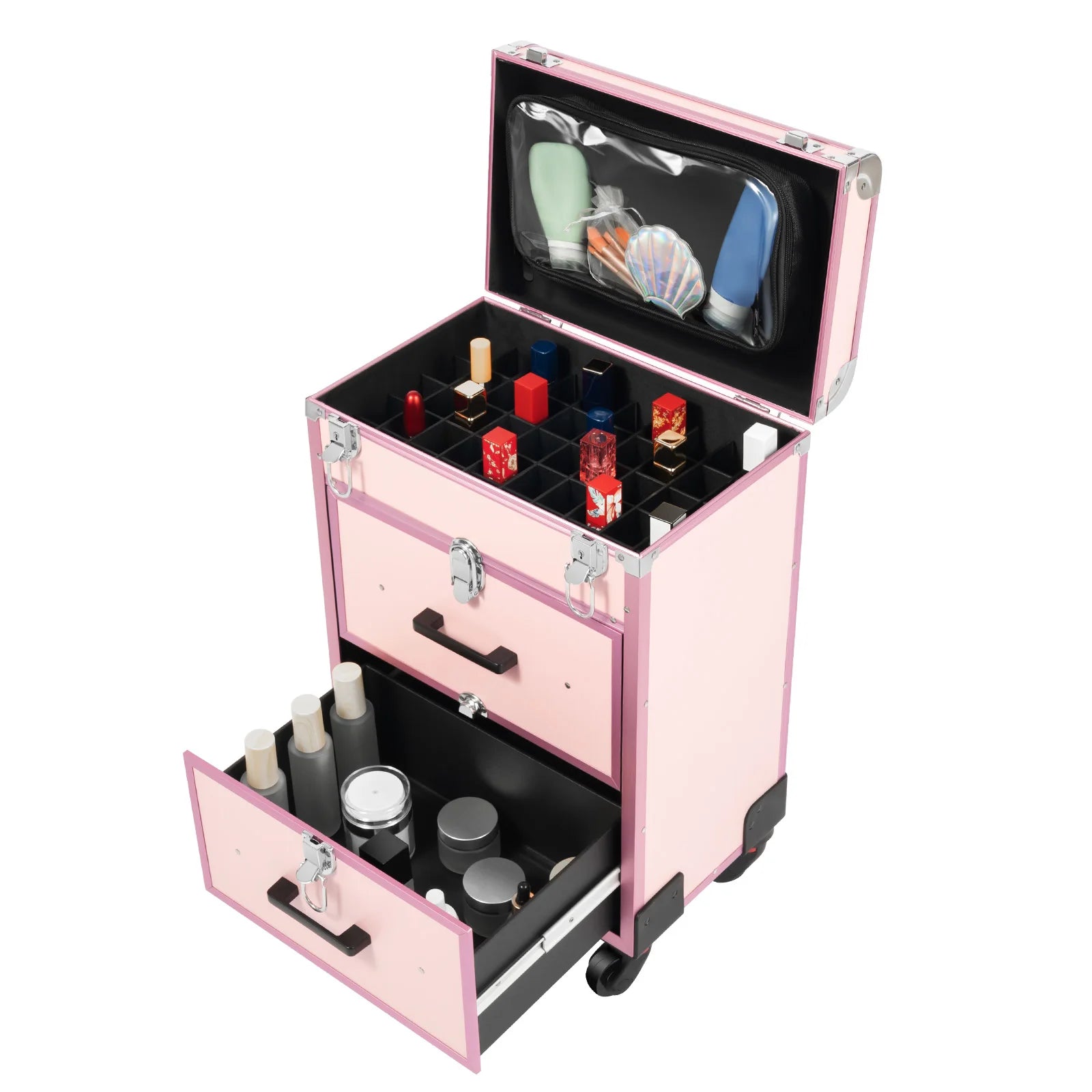 3 in 1 Rolling Makeup Case with Drawer, Large Makeup Case Organizers, Profesional Cosmetic Case for Salon Barber, Light Pink.
