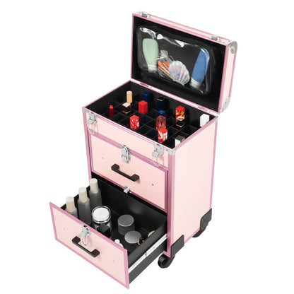 3 in 1 Rolling Makeup Case with Drawer, Large Makeup Case Organizers, Profesional Cosmetic Case for Salon Barber, Light Pink.