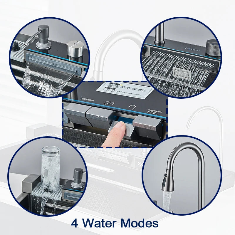 Küchenspüle aus Edelstahl 304 mit Digitalanzeige, Wasserfall-Wasserhahn, multifunktionales 75 x 45 cm großes Wal-Waschbecken mit einem Schlitz