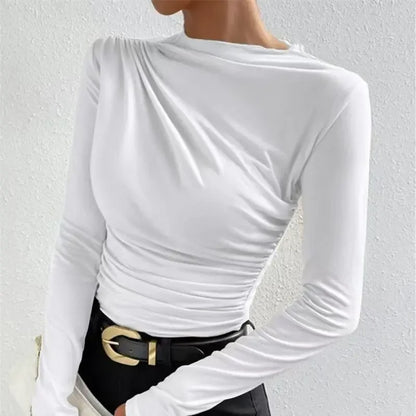 New Pure Color Folded High Collar Slim Fit Long Sleeve T-Shirt Grey Autumn Winter Versatile Design Base Layer Women's Top.