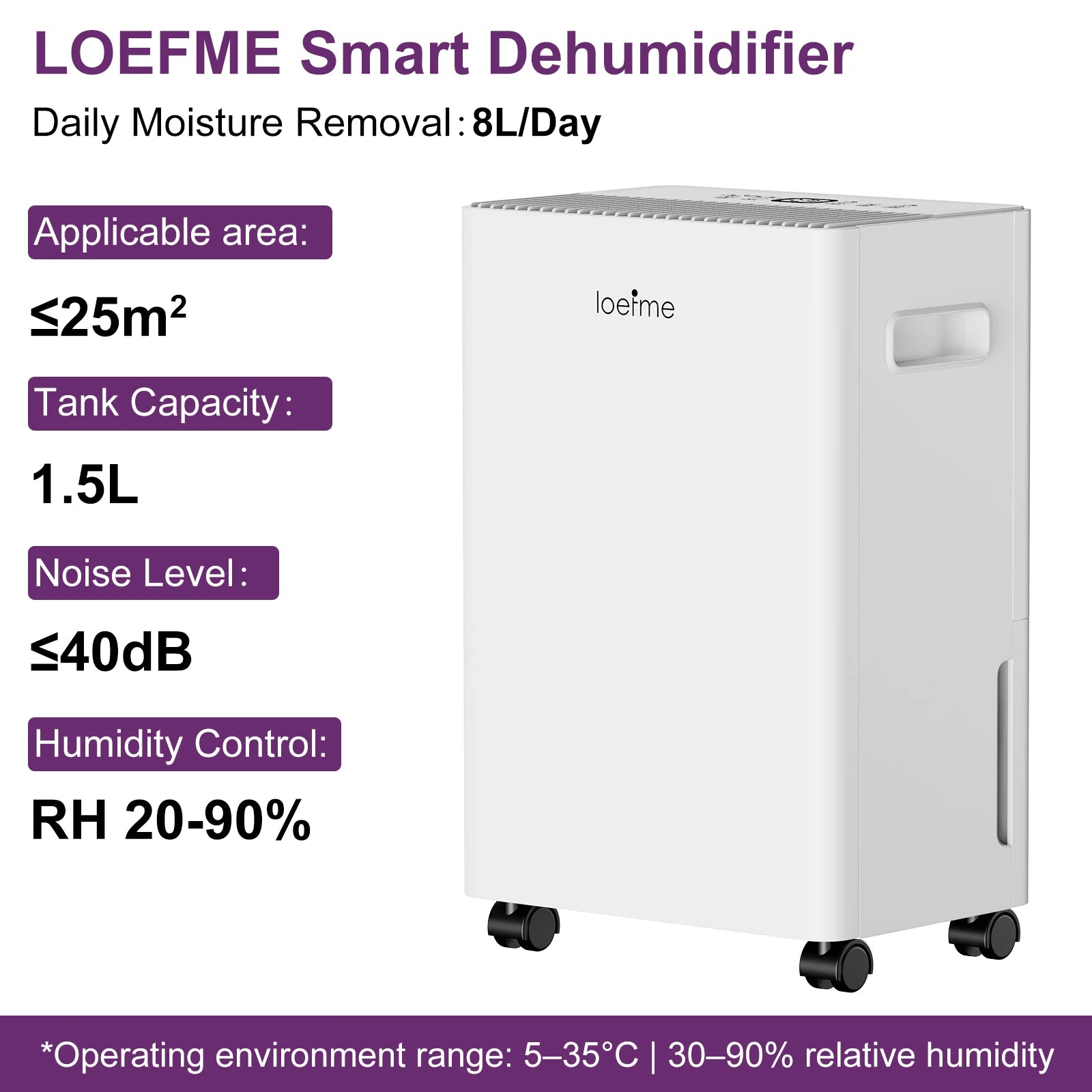 LOEFME Dehumidifier 8L/Day, Electric Dehumidifier, 1m & 3m Drain Hoses, Touchscreen with LED Display, 24h Timer, 1.5L Water Tank.
