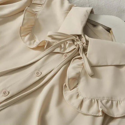 Spring Vintage Women Chiffon Shirts Korean Fashion Lace Up Loose Blouses Y2K Elegant Office Ladies Long Sleeve Outwear Tops New.