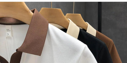 Men's Casual Polo Shirt Collared Short Sleeve Pique Cotton Breathable V-Neck Color Block Half Sleeve Summer Loose Top.