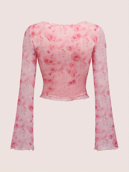 Summer Women's Y2k Floral Printed Sweet V-Neck T-shirts Mesh Beach Party Dress Top Flare Sleeve Square Collar Lace Up Shirt 2025.