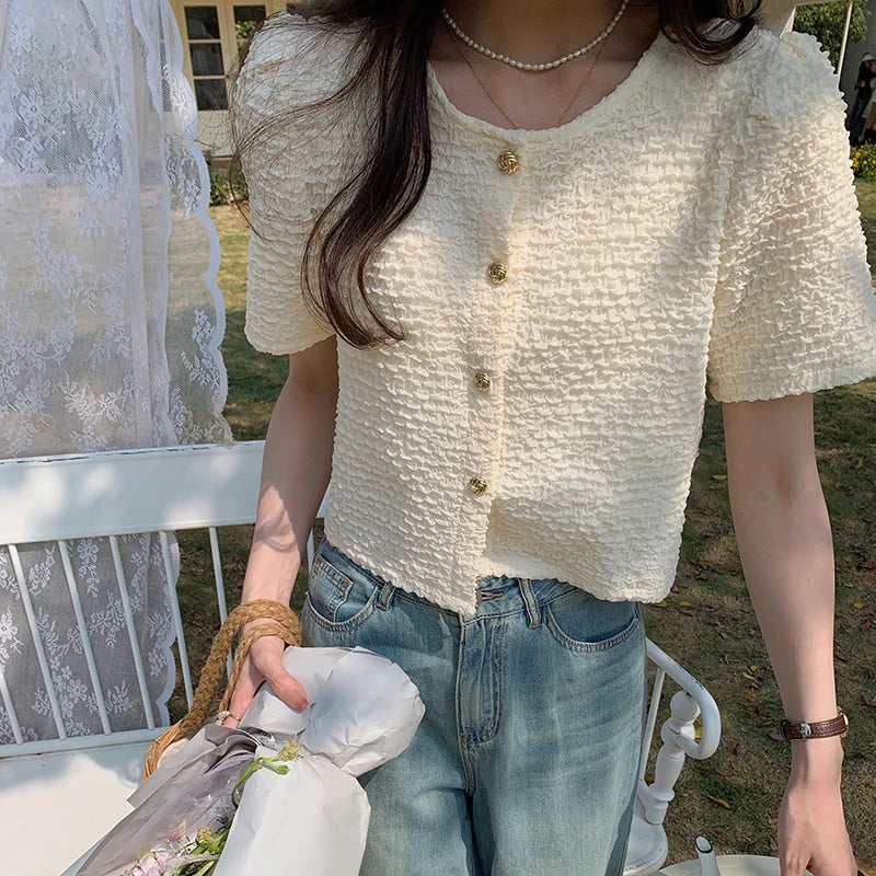 New Summer Short Sleeve O-Neck Women Shirt Sweet White Shirt Blouse Women Tops 2025 Blouses Shirts Blusas Para Mujer Blusa XL183.