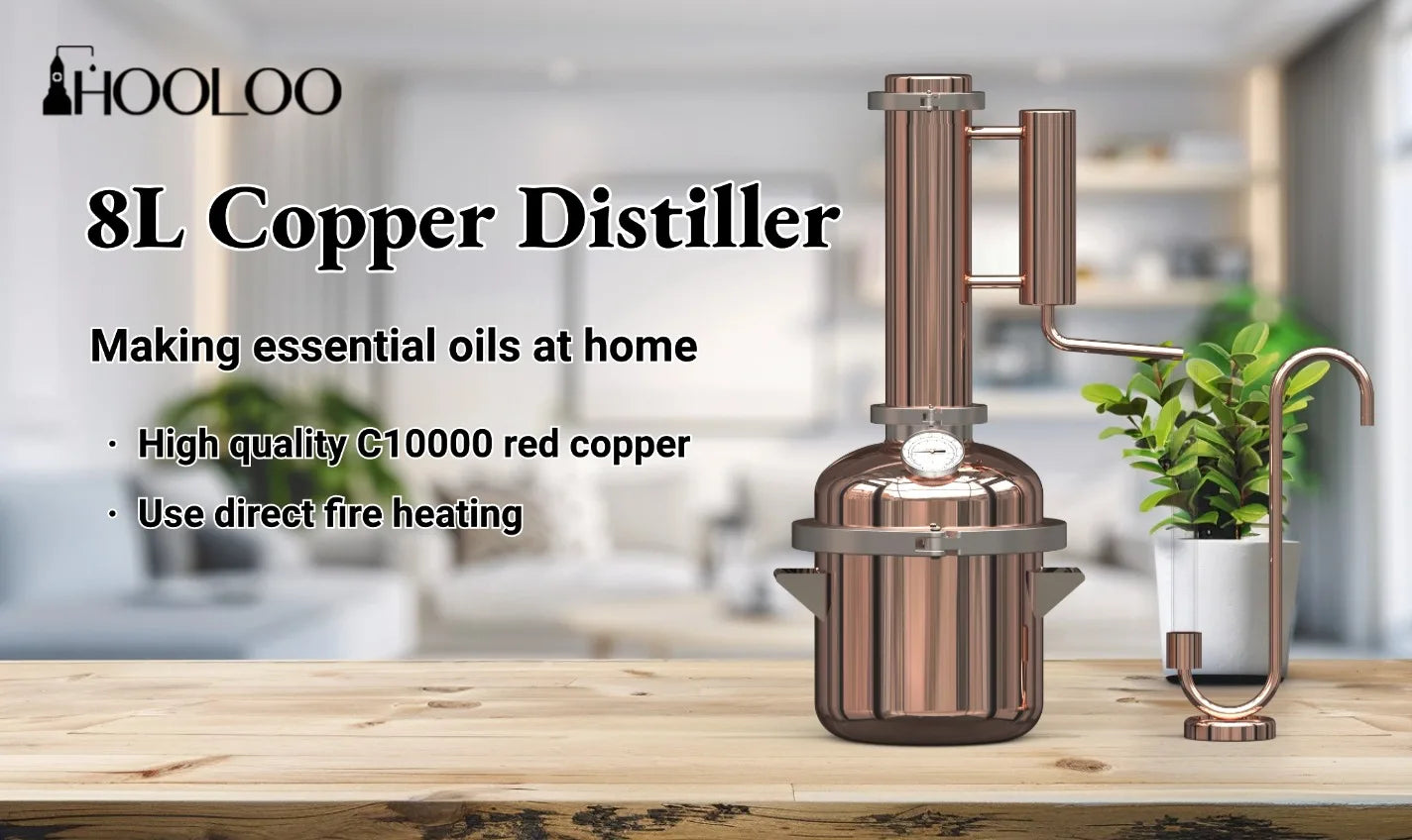 HOOLOO 8L Copper Distiller Essential Oil Hydrosol Still Home Distiller Direct Fire Hea Equipment DIY from Herbs Plants & Flowers.
