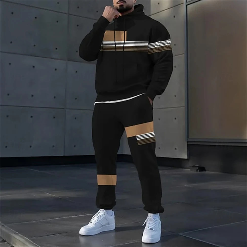 Simple Stripe Print Men's Hoodies Sets Autumn Winter Casual Sweatshirt Pants 2 Piece Fashion Tracksuits Outdoor Street Clothing.