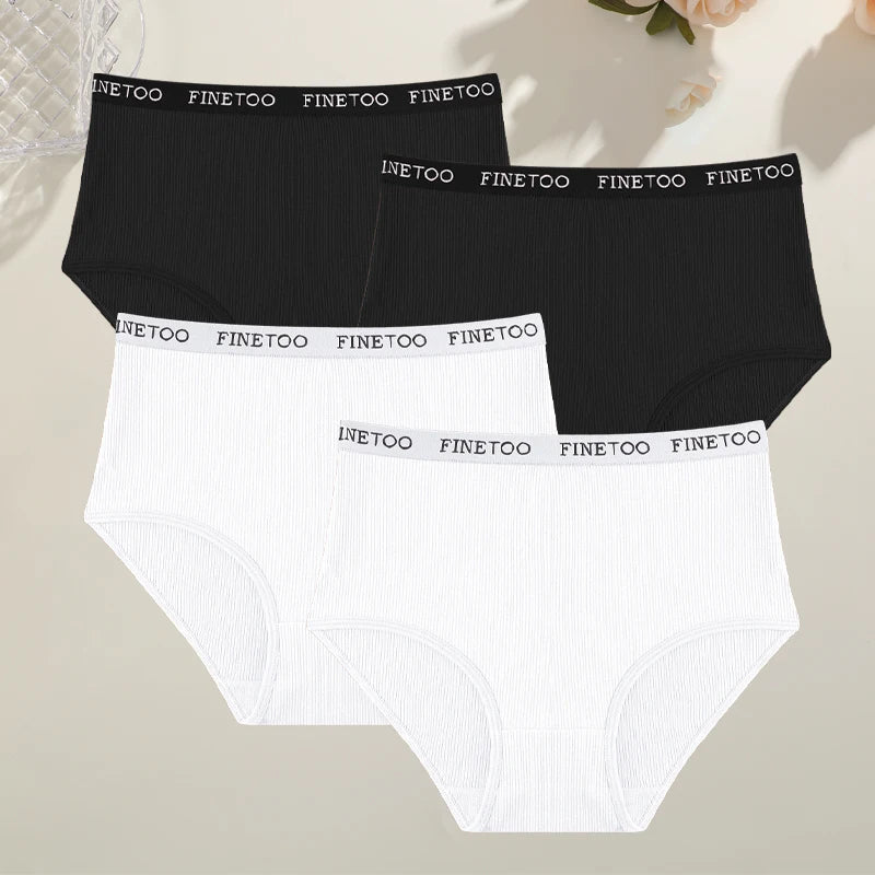 4Pcs/Set Women's Ribbed Striped Cotton Briefs Plus Size Panties Lady High Waist Breathable Underwear Solid Lingerie Shorts S-XXL