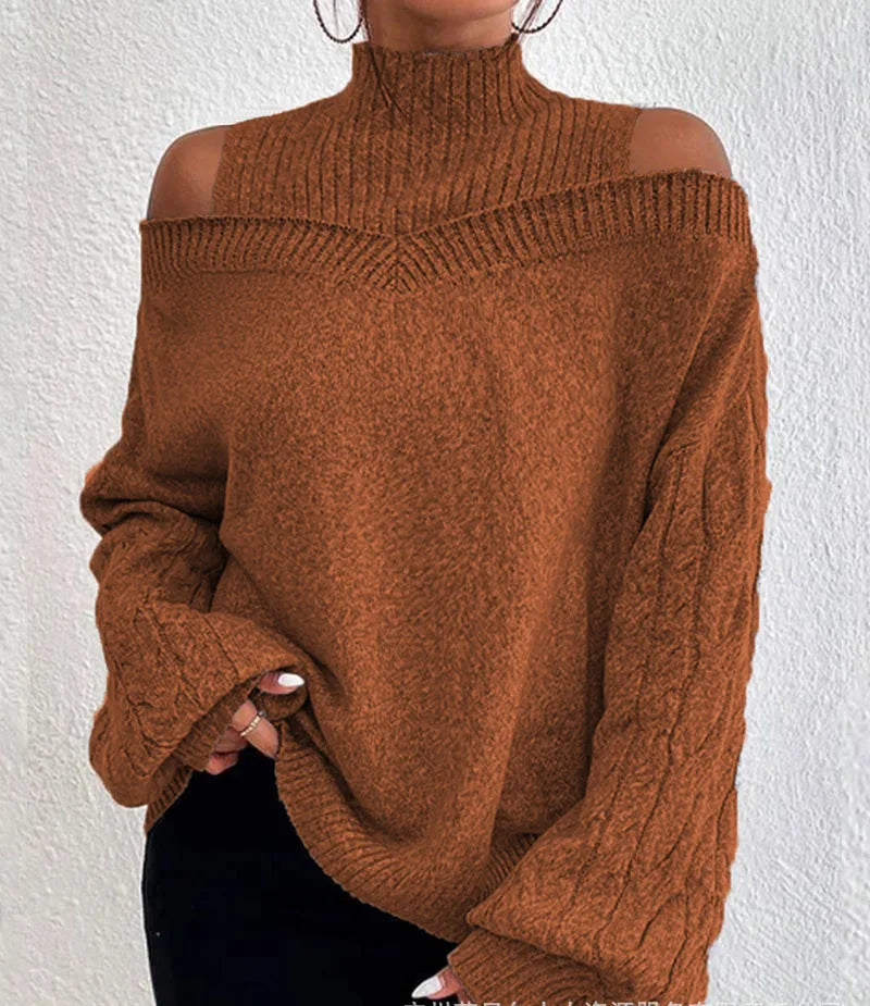 2025 Autumn Winter New Solid Knitting Off Shoulder Sweaters Elegant Office Lady Half High Collar Splice Loose Pullovers Sweater