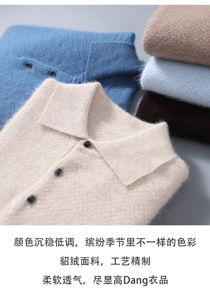 Men's 100% Mink Cashmere Large Size Sweaters Autumn Winter Solid POLO-neck Casual Knit Pullovers Men Long Sleeve Warm Jumper to.