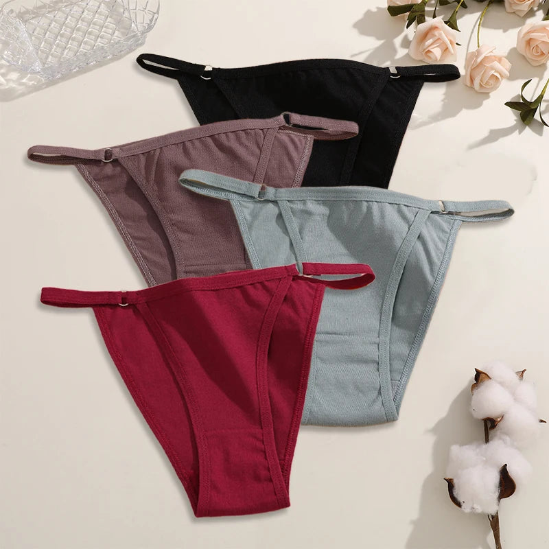 FINETOO 4Pcs Women's Cotton Panties Sexy Metal Ring Waist Underwear Solid Breathable Panties Ladies Soft Briefs Comfort Lingerie.