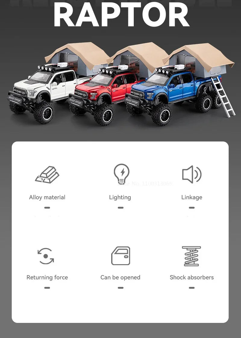 1/24 Scale Raptor F150 Alloy Cars Models Toys 6 Doors Opened Camping RV Diecast Model Light Sound Vehicle for Boys Birthday Gift.