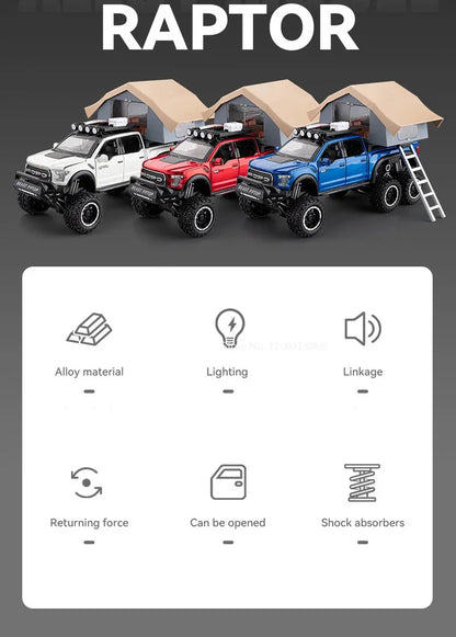1/24 Scale Raptor F150 Alloy Cars Models Toys 6 Doors Opened Camping RV Diecast Model Light Sound Vehicle for Boys Birthday Gift.