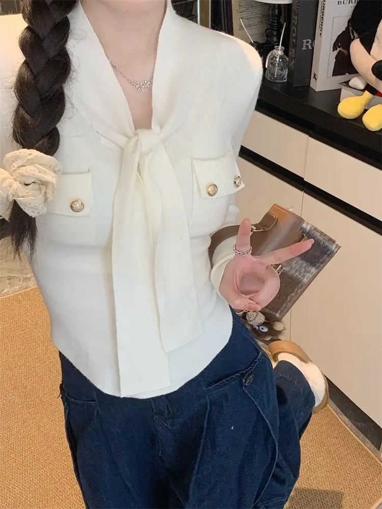 Frauen Frühling Herbst Einfachheit Büro Dame V-ausschnitt Einfarbig Langarm Strickwaren Damen Mode Alle-spiel Temperament Tops.