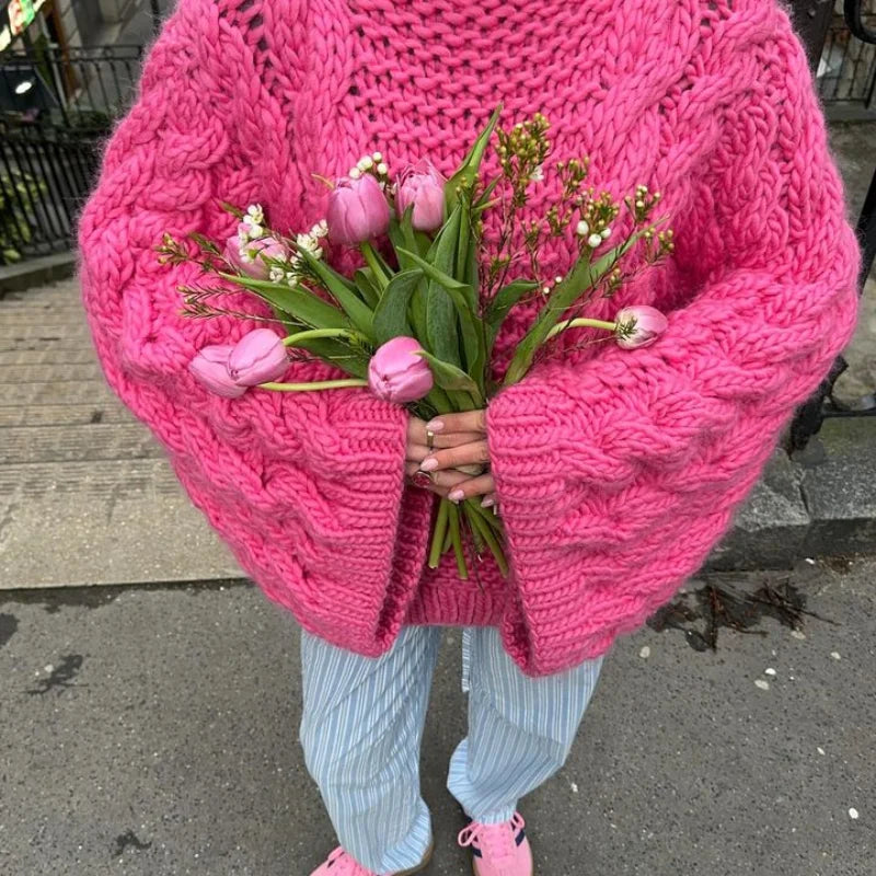 Casual Twists Stricken Oversize-Pullover Frauen Oansatz Lange Flare Hülse Lose Solide Pullover 2025, Herbst Winter Vintage Pullover.