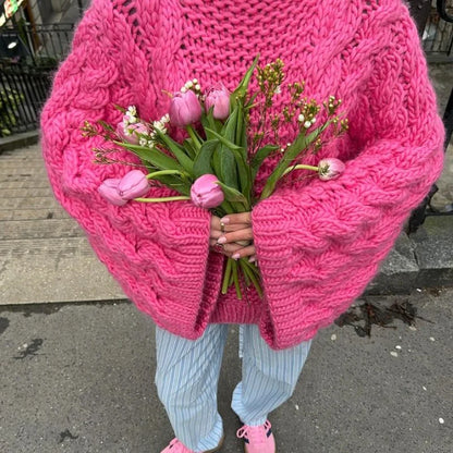 Casual Twists Stricken Oversize-Pullover Frauen Oansatz Lange Flare Hülse Lose Solide Pullover 2025, Herbst Winter Vintage Pullover.