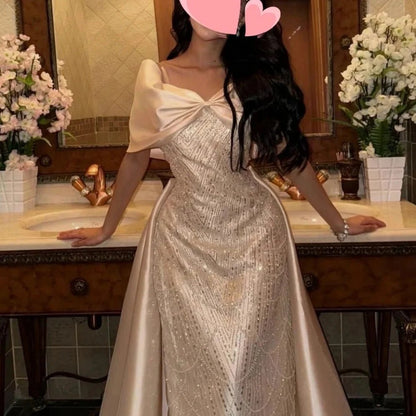 Cathy Rose Rote Schleife Schal aus der Schulter Vestidos de Noche Meerjungfrau Perlen Partykleider bodenlanges maßgeschneidertes Abendkleid.