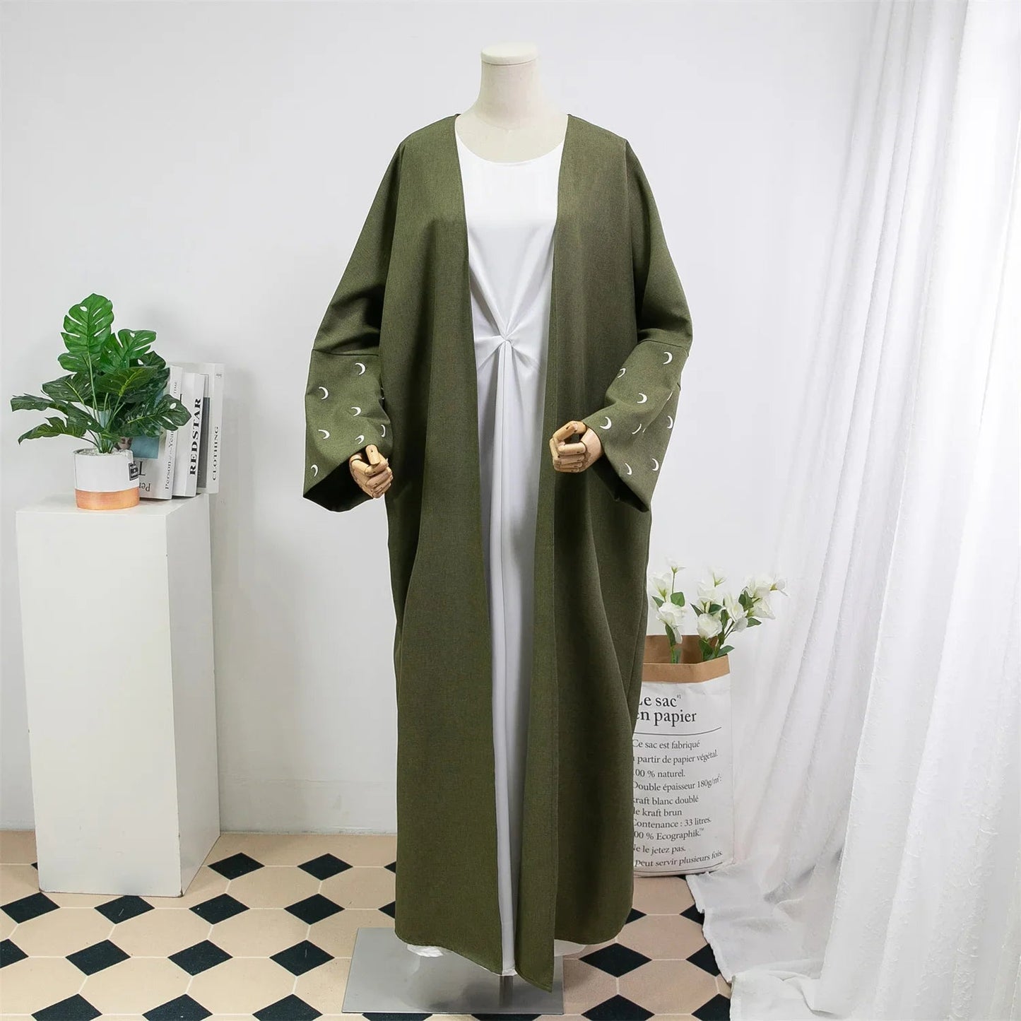 Muslimische Abayas lose Kaftan Frauen islamische Kleidung Mond Stickerei offene Front Abaya Langarm Maxi Länge Kleid Frauen Jilbabs.
