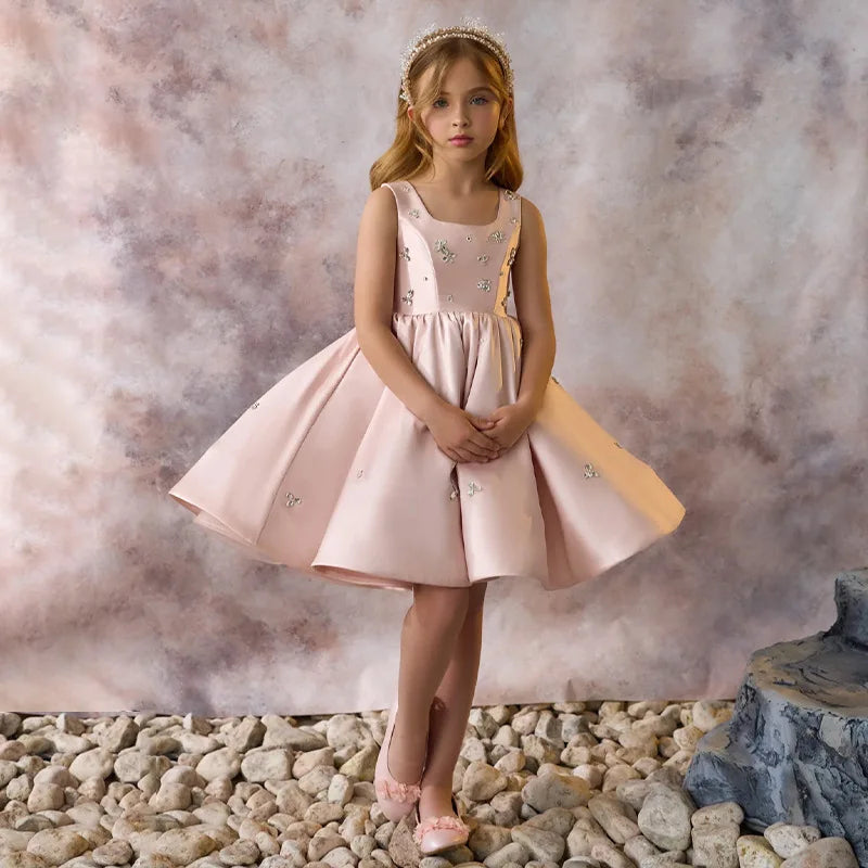 Luxus-Kleider für Kinder, rosa Satin-Prinzessinnenkleid für Mädchen, Klavieraufführung, formeller Abschlussball, Party, Geburtstag, Hochzeit, geschwollenes Kleid.