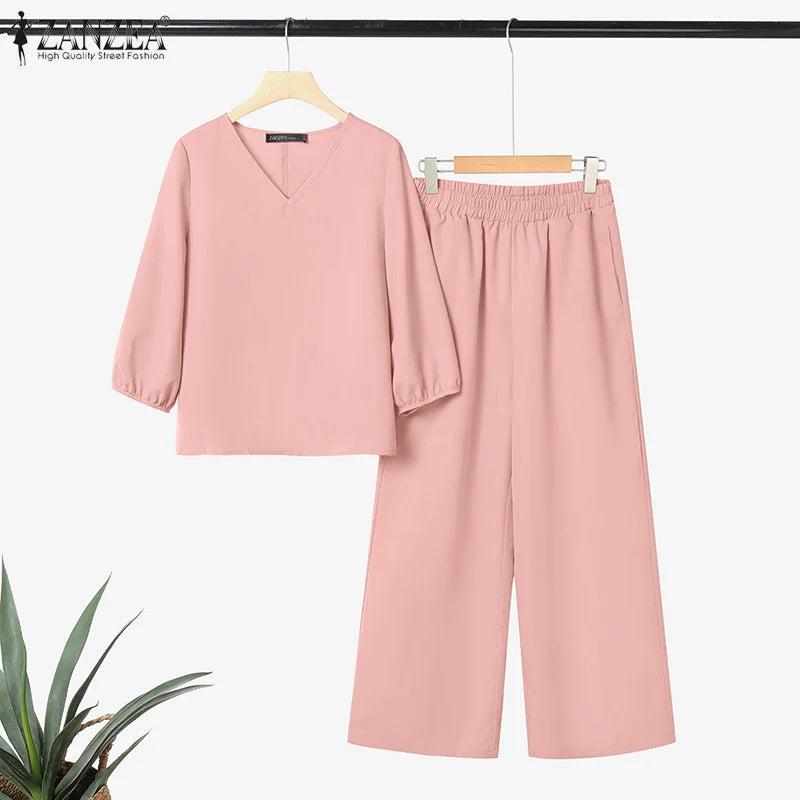 ZANZEA Autumn 2 Piece Sets Women Pant Sets Casual V Neck Long Sleeve Tops Pant Suit Elegant Solid Work Tracksuit Oversize 2025.
